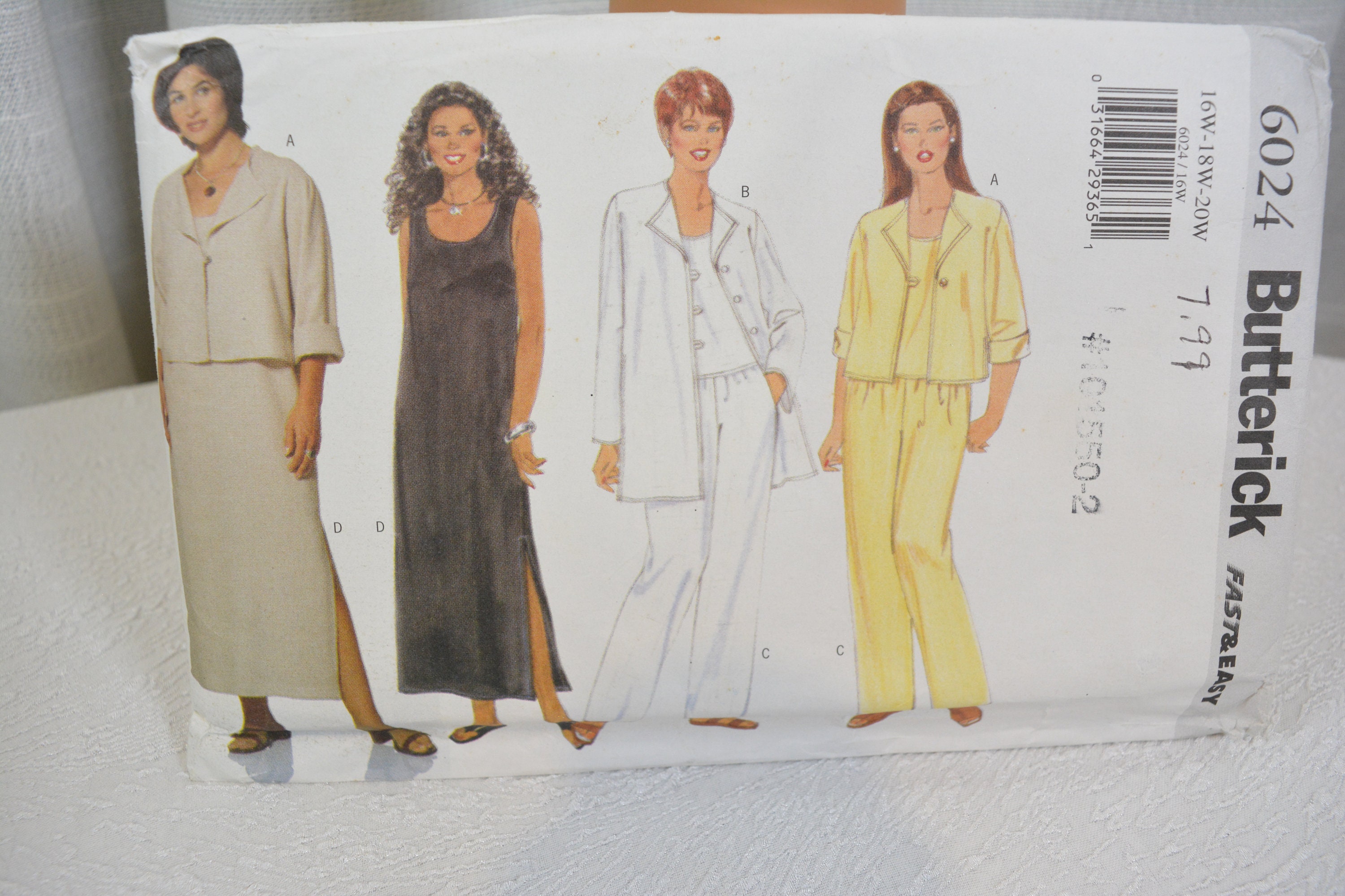 UNCUT Butterick 6024 Pattern, Jacket, Top and Dress, Loose Fitting, Unlined, Pullover Blouse, Elastic Waist, Bust 38 to 42", Size 16 to 20