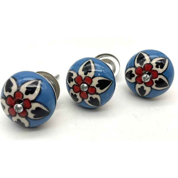 Cabinet Pull Knobs, Porcelain Hand Painted, Set of 3, Florals of Light Blue, Red, Black, Single Hole 1.5"