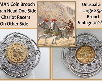 ROMAN COIN Brooch, Two Sided Coin, Centurion Solider and Chariot Racer, Large 2 5/8", Bronze & Silver Tones, Rhinestone Border, Unusual