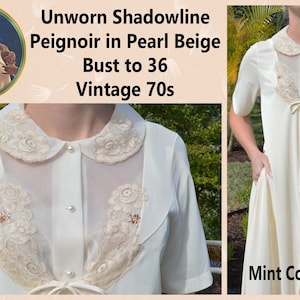 UNWORN Pearl Beige Peignoir Set, Night Gown & Robe, Shadowline, NOS W/Tags, Ecru Lace, Double Nylon, Pearl Buttons, Bust to 36&quot; S/M, Vtg 70s