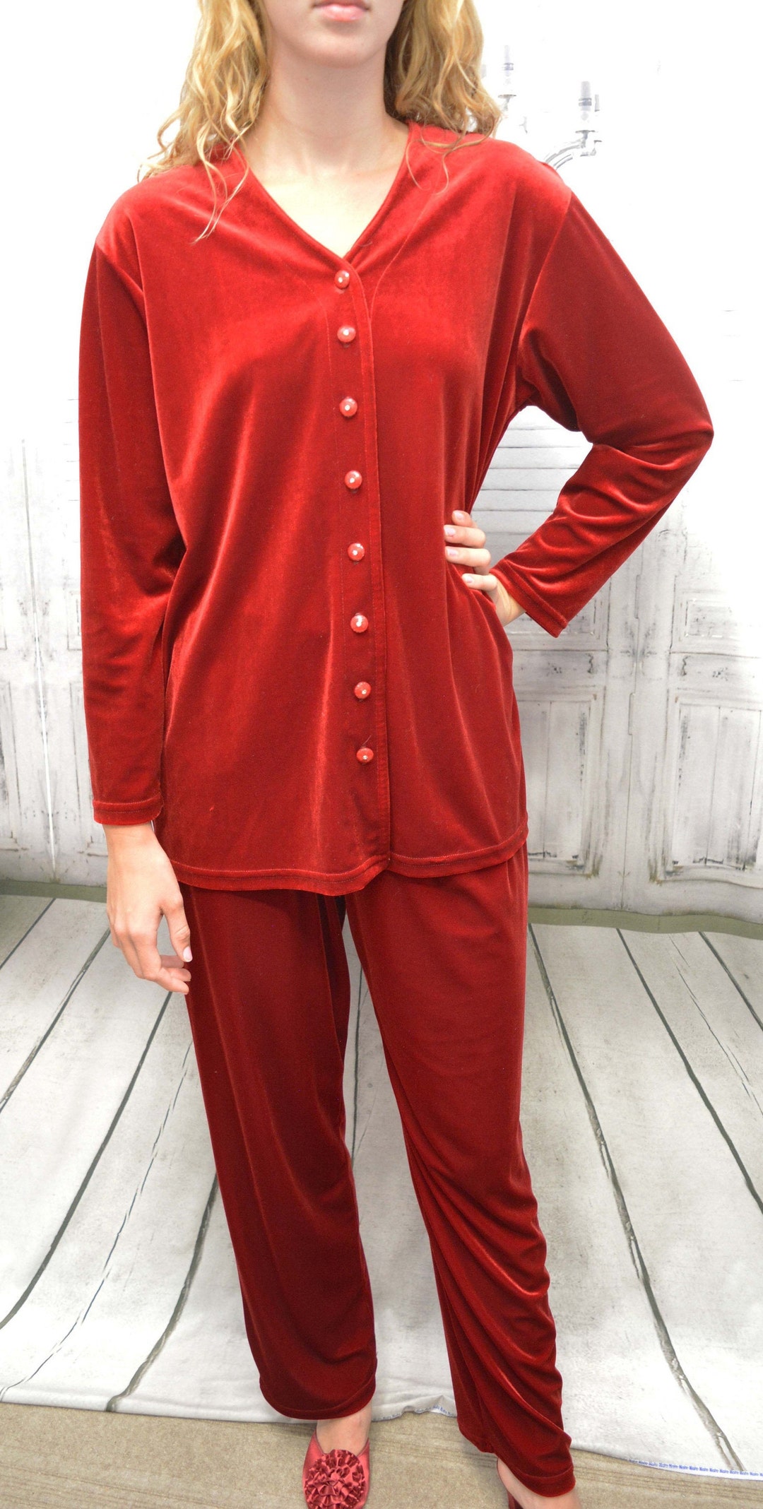 Red Velvet Loungewear Set, Hostess, Jacket, Pants, AFTER HOURS, Elastic ...