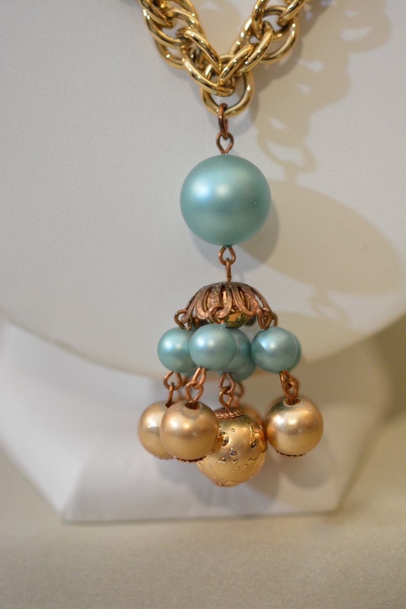 MINT Condition Unusual Gold Beads Vintage 70s Turquoise and Gold Bead Tassel Necklace Fun Summer Set! Matching Earrings