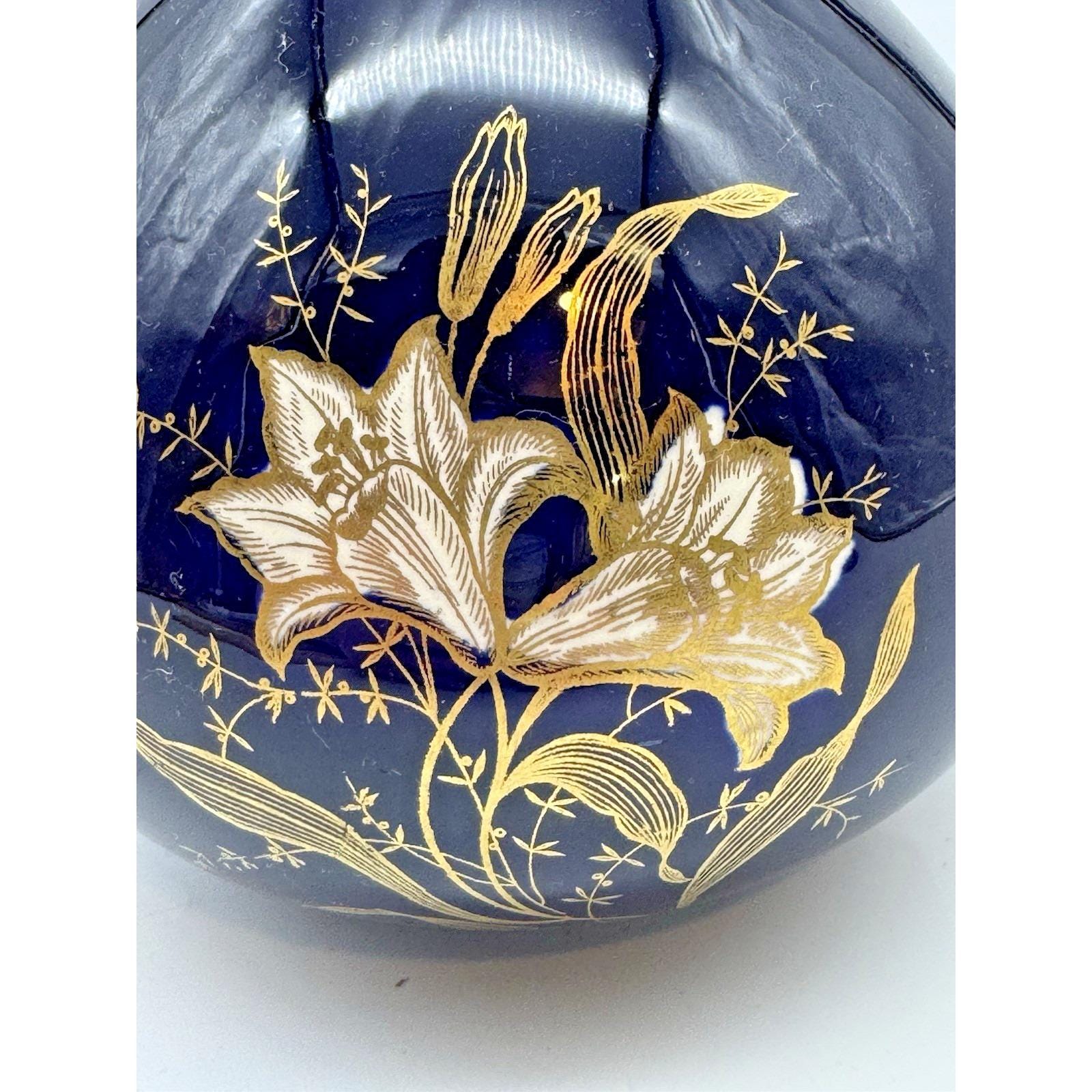 VTG コバルトブルーの花瓶、LIMBURG サイン入り、磁器、ドイツ、金色の