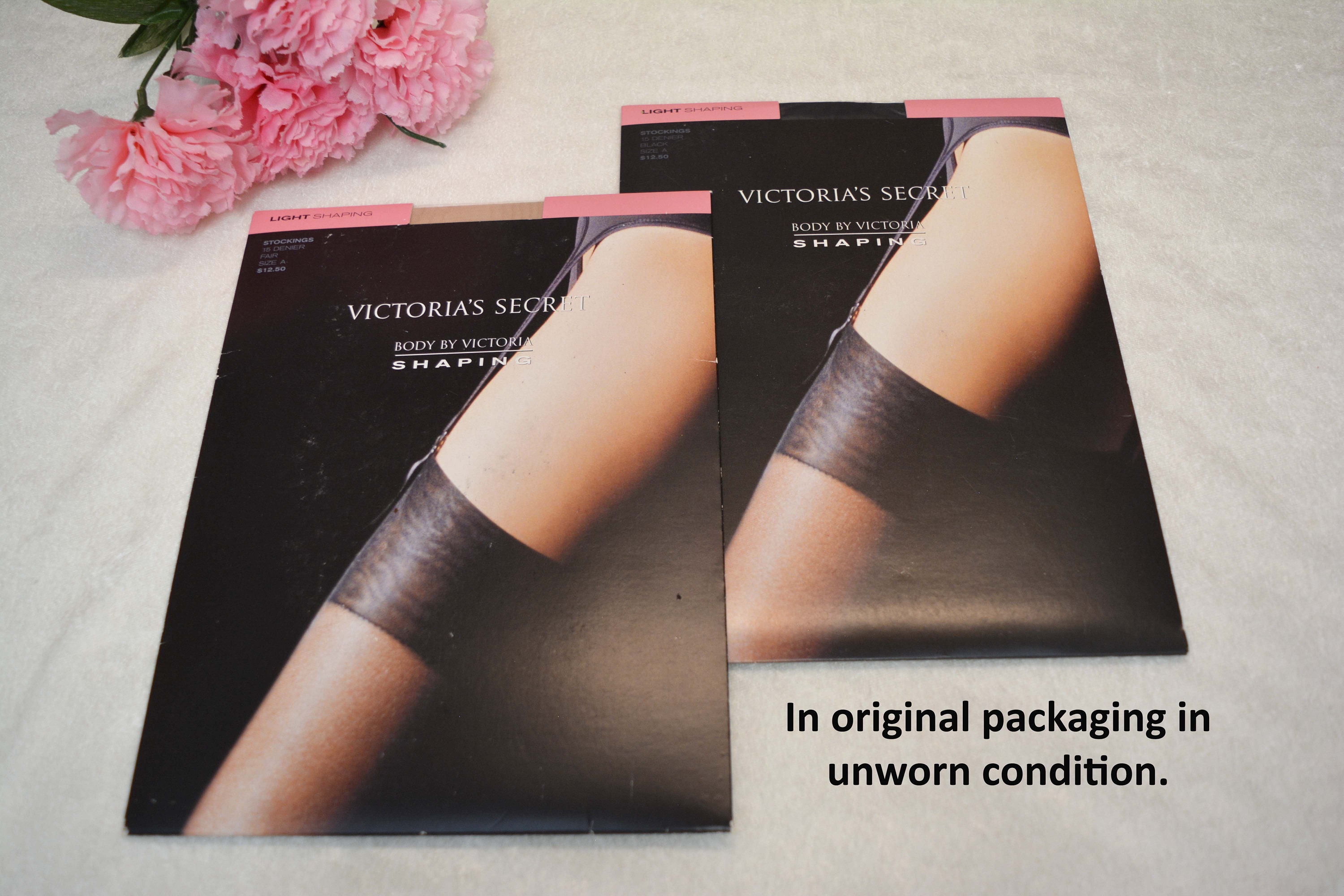 VICTORIA'S SECRET Stockings, Light Shaping, Set of 2, Black and Fair, Size  A, Made in Italy, w/Orig. Plastic Wrap, Mint Condition, Vtg 90's