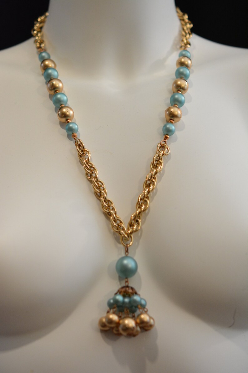 MINT Condition Unusual Gold Beads Vintage 70s Turquoise and Gold Bead Tassel Necklace Fun Summer Set! Matching Earrings