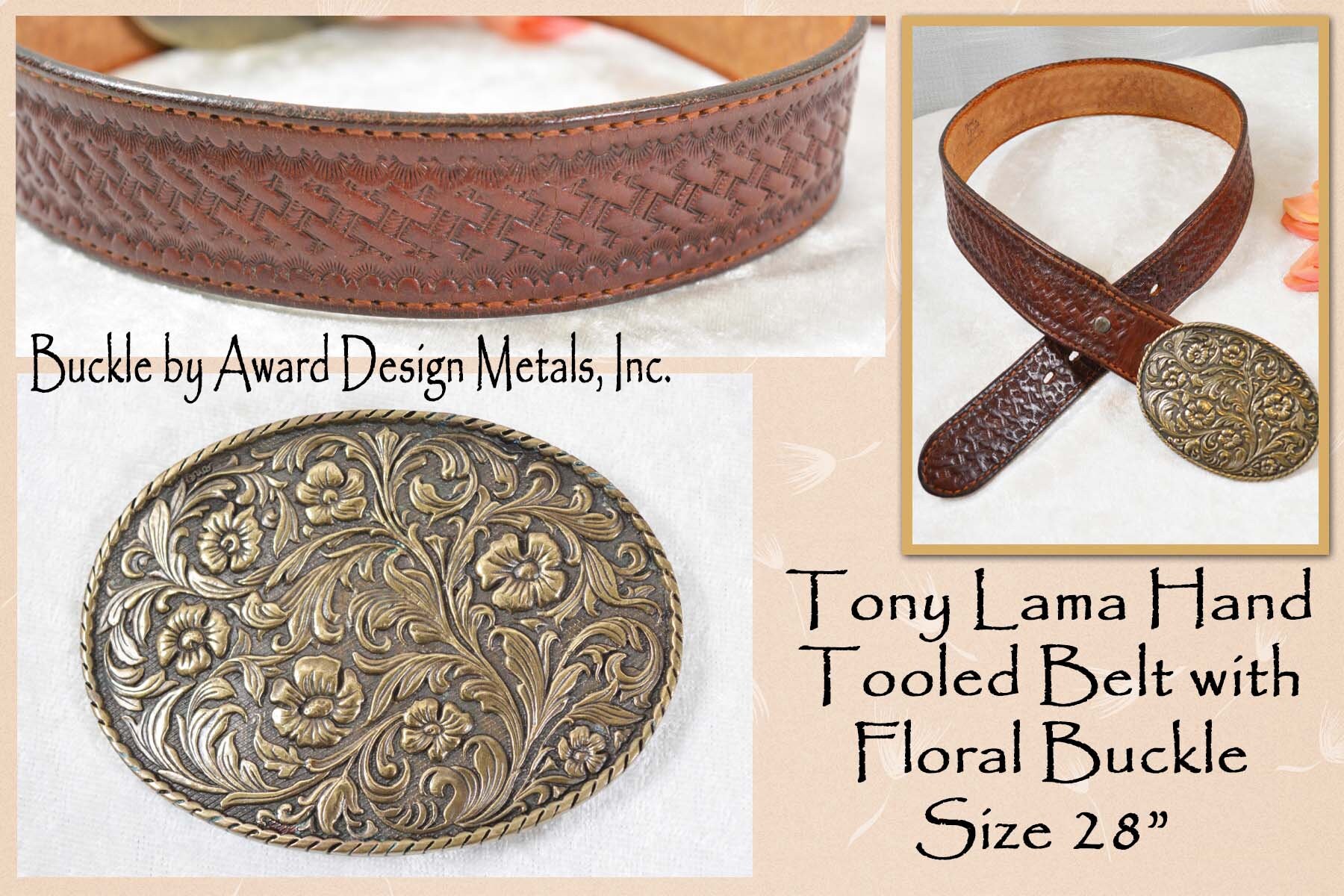 TONY LAMA Tooled Leather Belt With Floral Buckle by Award - Etsy Hong Kong