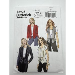 May include: Butterick B5928 sewing pattern envelope featuring illustrations of four jacket variations. The text includes 150 Anniversary, Fast & Easy, and size range E5 14-16-18-20-22. The designs show draped front jackets in red, grey, black with patterned lapels, and cream.