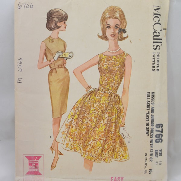 UNCUT McCalls 6766 Pattern, Wiggle Dress, Slim Fitted or Full Skirt One Piece Options, Sleeveless, Fitted Bodice, Bust 31, Vtg 60s Size 10