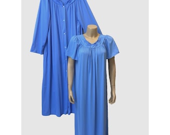 SHADOWLINE Nightgown and Robe Set, Blue, Size M, Ankle Length, Pocket