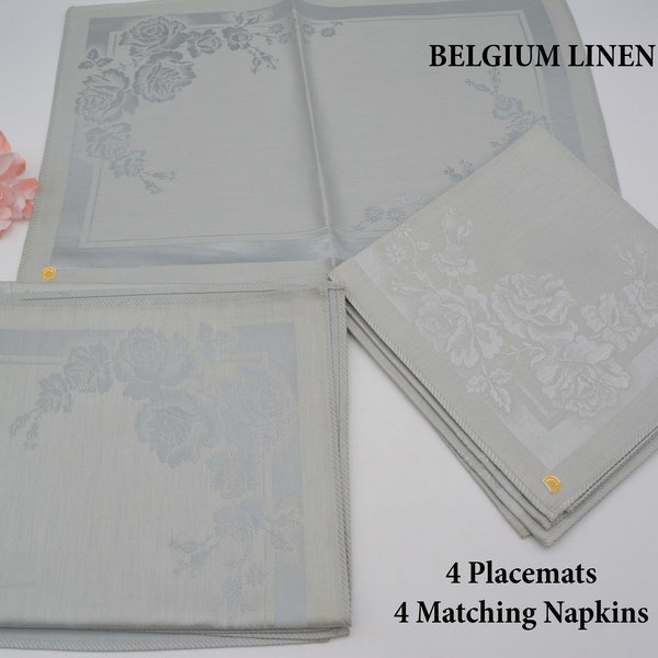 BELGIUM Linen Placemat and Napkin Matching Sets-4 Place Settings, Damask Linen, Gray Floral Pattern on Pattern, NOS w/Orig Sticker MINT Vtg