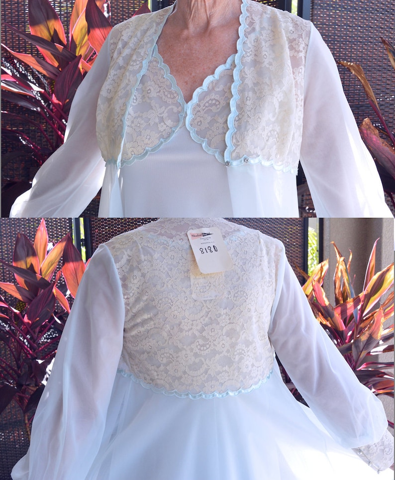 Unworn SHADOWLINE Peignoir Night Gown Small Light Blue Lots of Lace Robe Honeymoon NOS wTag,Chiffon Double Nylon Bridal Vintage