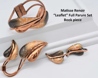 MATISSE RENOIR Copper & Enamel Full Parure, Brooch, Bracelet and Earrings, LEAFLET Dual Leaf Pattern, Book Piece, Bronze, Black Vtg 60's