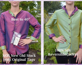 Unworn Silk Reversible Jacket, Magenta Purple to Iridescent Green, Oriental Knot Buttons,NOS w/Tags, Easy Travel, Hand Washable, Bust to 40&quot;