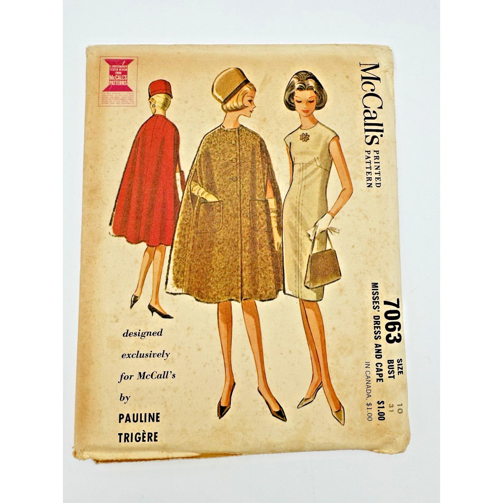Pauline Trigère, McCall's 7063 Pauline Trigere Misses Vintage Size 10 Bust 31 Dress & Cape UNCUT