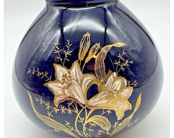 VTG コバルトブルーの花瓶、LIMBURG サイン入り、磁器、ドイツ、金色の