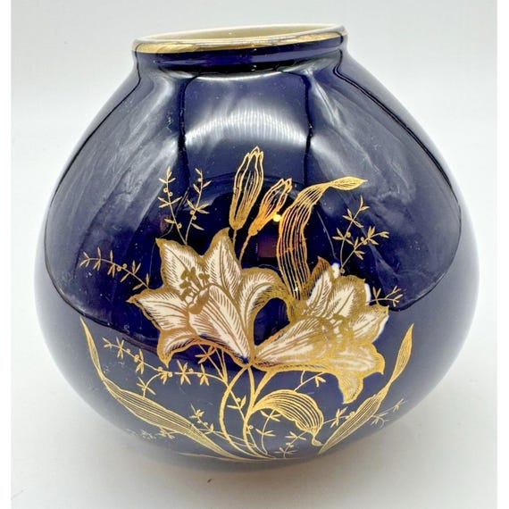 VTG コバルトブルーの花瓶、LIMBURG サイン入り、磁器、ドイツ、金色の