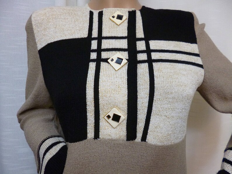 Enamel Abstract Buttons Steve Fabrikant Dress Santana Knit SMed Geometric Linear Design Beige Black Sparkles Vintage