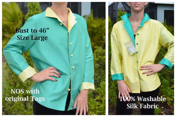 Unworn Silk Reversible Jacket, Light Teal to Lime Green, Oriental 