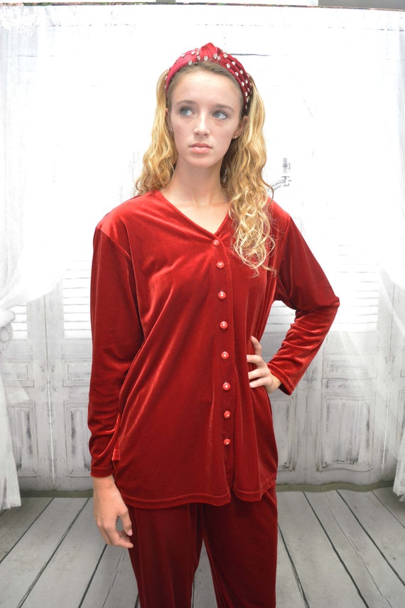 Burgundy Red Velvet Two Piece Loungewear Hostess Jacket Pants AFTER HOURS Elastic Waist Easy Fit Bust to 41 Easy Fit Vtg 80 s Etsy UK