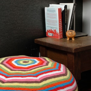 Crochet stripy Ruperts House pouffe, ottoman, footstool.