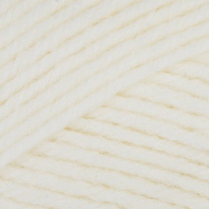 May include: Close-up of a skein of white yarn with a subtle beige sheen. The yarn is soft and fluffy, perfect for knitting or crocheting.