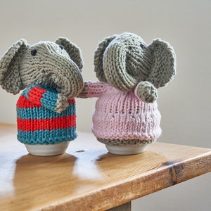 Egg cosy elephants by Rupert's House - hand knitted in washable cotton yarn.