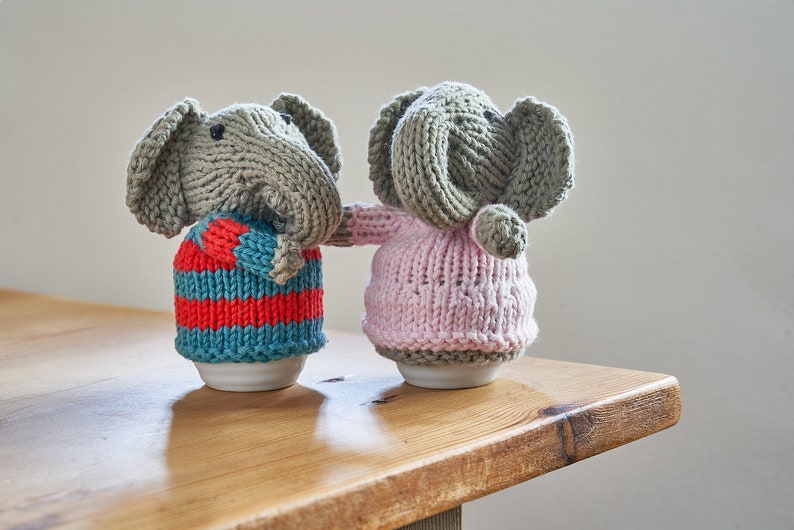Egg cosy elephants by Rupert's House - hand knitted in washable cotton yarn. image 1
