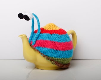 Knitted blue stripy snail tea cosy. Tea lovers teatime treat.
