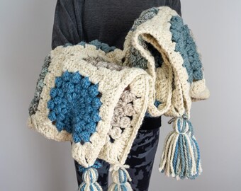 Hand Crochet Chunky Wool Granny Square Blanket with Tassels