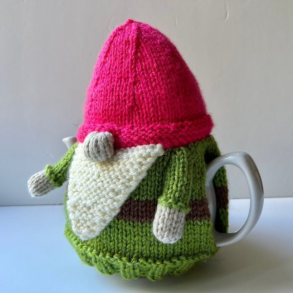 Gnome hand knitted tea cosie with large padded hat to keep your tea super hot!