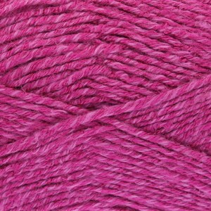 May include: Close-up of a skein of pink yarn with a subtle heather effect. The yarn is soft and fluffy, perfect for knitting or crocheting.