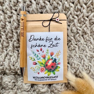 Könnte beinhalten: Eine braune Papiertüte mit einem schwarzen Band und einem roten Herzaufkleber. Die Tüte hat ein weißes Etikett mit dem Text "Danke für die schöne Zeit" und einem Bild einer Marienkäfer auf Blumen. Die Tüte hat auch ein kleines Etikett mit der Aufschrift "Wildblumenmischung für Schmetterlinge und Bienen".