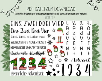 May include: A digital download sheet with Christmas-themed graphics and text. The design includes the numbers 1, 2, 3, and 4, along with festive elements like stars, elf hats, and the word "Advent". The text is in German.