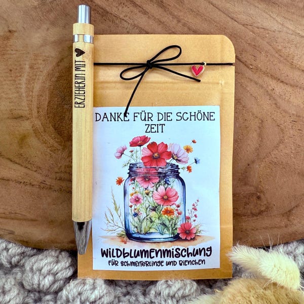 Dankeschön, Blumensamen, Kugelschreiber graviert, Abschied Kita, Mitbringsel, kleines Geschenk, Wildblumensamen, Abschied Erzieherin, Danke