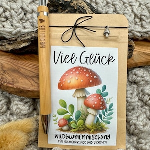 Viel Glück, Prüfung Abitur, Fahrschule, Glücksbringer, Schulabschluss, Fliegenpilz, Wildblumensamen, Kugelschreiber, Wunschtext, Geschenk