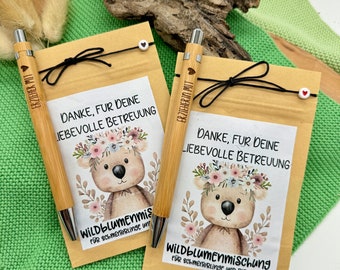 Geschenk, Blumensamen, Kugelschreiber graviert, Abschied Kita, Mitbringsel, kleines Geschenk, Wildblumensamen, Abschied Erzieherin, Danke