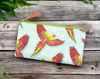 Pen bag, flat cosmetic bag with parrots