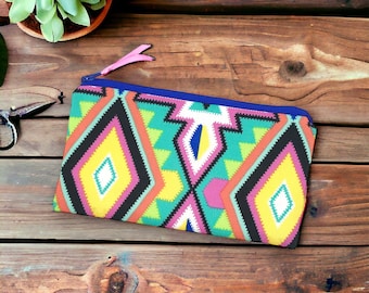 Pencil case, flat cosmetic bag with aztec pattern