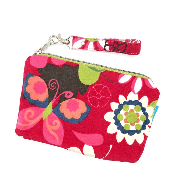 small toiletry bag, cosmetic bag with removable hand strap, butterflies