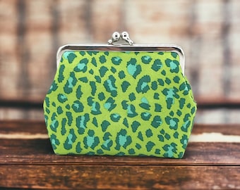 small clip purse with green leopard print