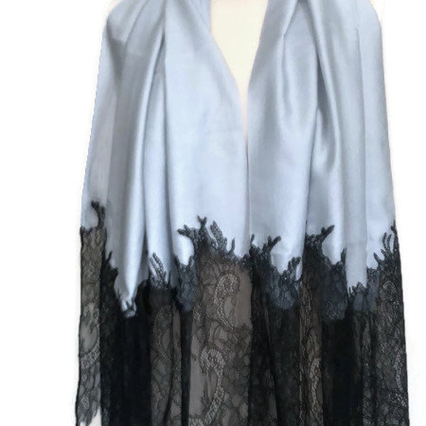 Grey Silk Pashmina, Nimbus cloud silk scarf, Lace Scarf,  Formal Wear Women, Warm Shawl, Formal Dress Coverup, Wedding Reception Shawl