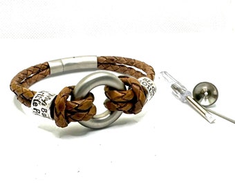 Personalised Braided Leather Double Cord Urn Bracelet for Ashes with Pure Silver Beads, Custom Engraved, Tan, Antique Brown or Black.