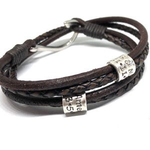 Personalized Tan Leather Fish Hook Bracelet - Double Wrap Mens Accessory with Engraved Bead