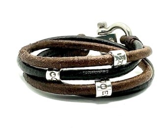 Rugged Look Men Leather Bracelet, Double Wrap Bracelet, Custom Engraved Bead, Footprint Charm