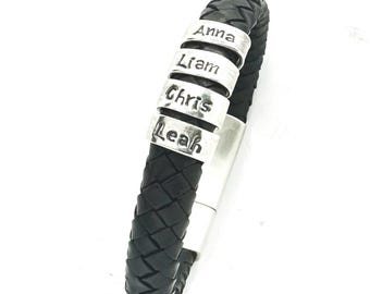 Custom Black Braided Leather Bracelet Men Silver Personalized Engraved Gift Homme Jewelry