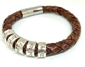 Personalized Leather Cuff Bracelet for Men - Engraved Name, Coordinates & Initials - Custom Gift