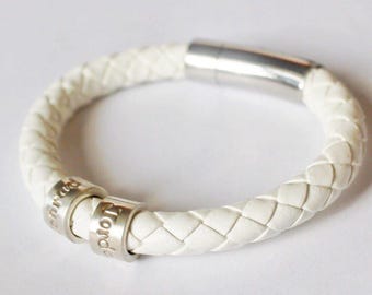 White Leather Bracelet, Womens Bracelet, Womens Leather Bracelet, Xmas Gift for Her, Womens Personalized Leather Bracelet, Name Bracelet