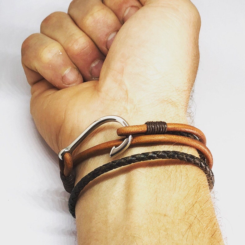 Tan Brown Fish Hook Bracelet, Braided Double Wrap Bracelet, Husband Bracelet with Custom Engraved Bead, Mens Gift image 4