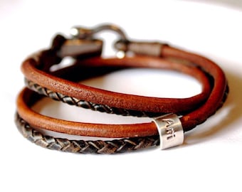 Custom Engraved Mens Leather Wrap Bracelet - Personalized Fathers Day Gift New Dad Birthday Jewelry
