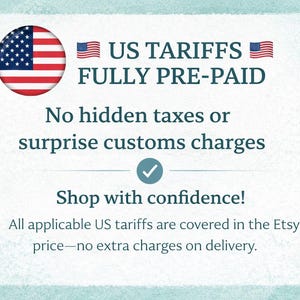 The image is a promotional graphic for a US Tariff website, which offers a fully pre-paid shipping option. It features the American flag and provides information about the website's policies regarding hidden taxes and customs charges.